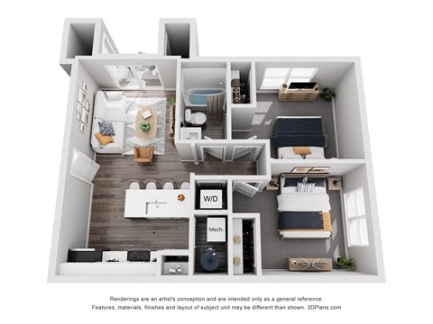 Floor plan for 2 beds, 1 bath, 694 sqft